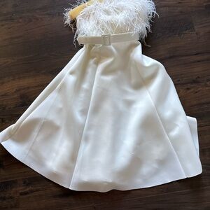 Badgley Mischka Cream A-Line Dress with Feathers & Belt